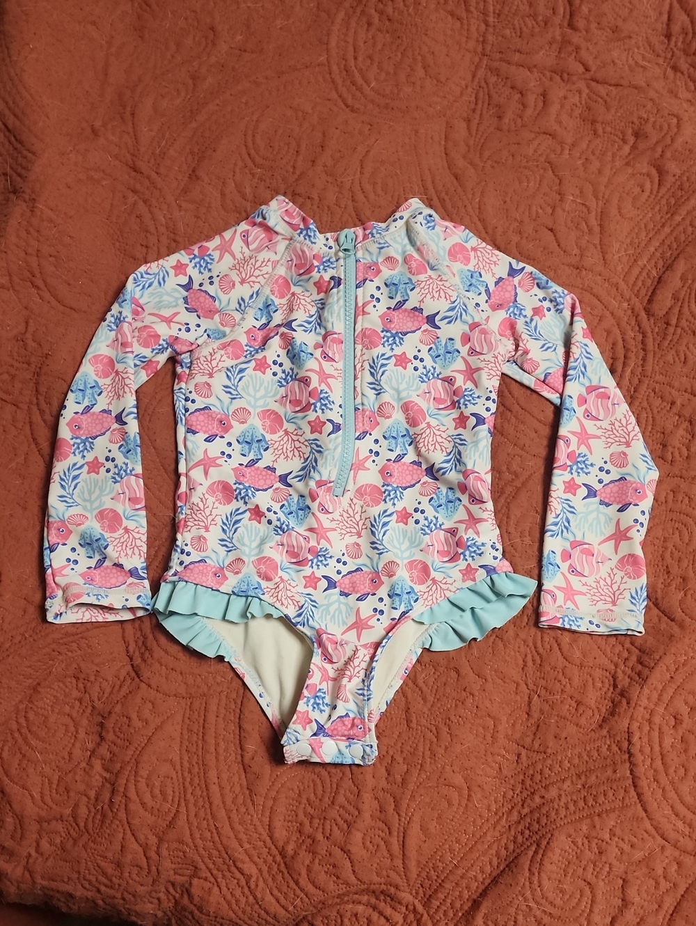 Pink & Light Blue Long-Sleeve One-Piece Swimsuit Snap Bottom - Size 4T